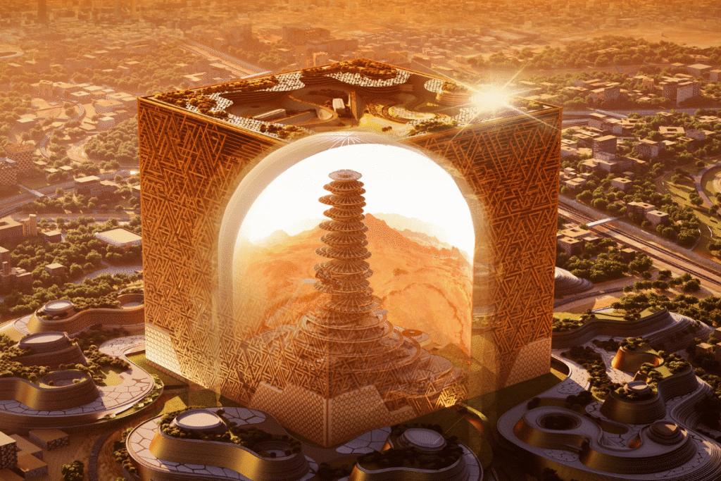 an actual construction-site photograph showing the Mukaab works and Riyadh skyline.