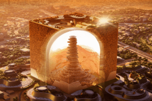 an actual construction-site photograph showing the Mukaab works and Riyadh skyline.