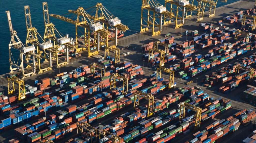 Aerial view of UAE shipping port and container terminal representing BRICS financial trade