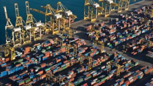 Aerial view of UAE shipping port and container terminal representing BRICS financial trade